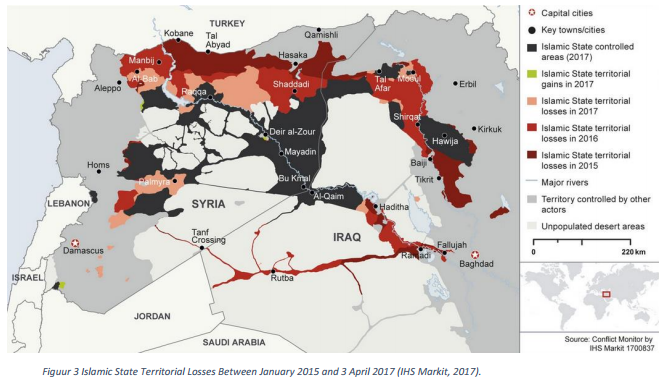 Verlies aan gebied door IS tussen januari 2015 en april 2017