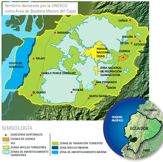 Territorium en situering van het Biosfeerreservaat Cajas Massief in Ecuador