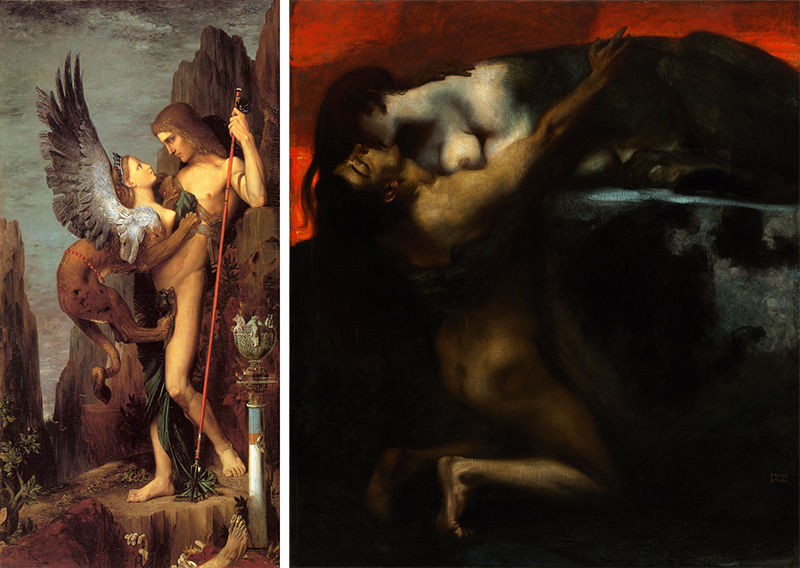 Links: Moreau, Oedipe et le sphinx. Rechts: Franz von Stuck, Der Kuss der Sphinx.