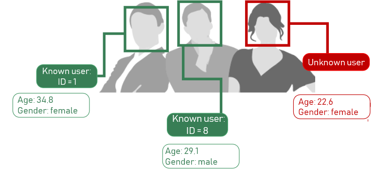 Elk gezicht wordt geïdentificeerd met gezichtsherkenningssoftware. De gebruikers  worden aangemeld en hun leeftijd en geslacht worden geschat.