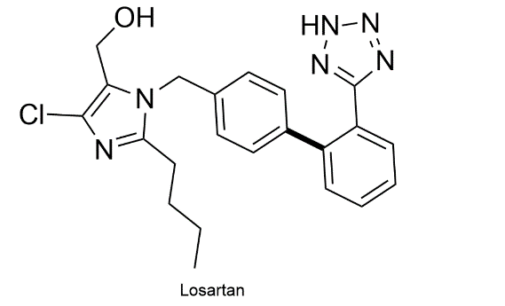 Figuur 1: Structuurformule Losartan: biaryl verbinding (dikke lijn).