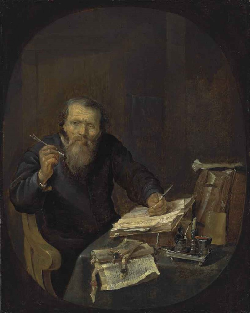 Gabriël Metsu (1629-1667). De notaris scherpt zijn pen.