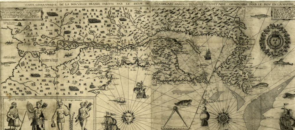 Samuel de Champlain, Carte geographique de la Nouvelle France (Parijs: Jean Berjon, 1613), E613 .C453v, John Carter Brown Library, https://archive.org/details/lesvoyagesdusieu00cham_0/page/n1/mode/2up.