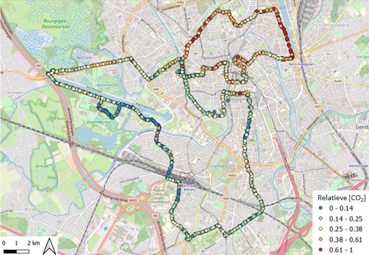 Kaart van Gent met relatieve CO2-concentraties