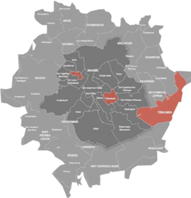 De gemeenten van het Brussels Hoofdstedelijk Gewest en de Vlaamse Rand. 