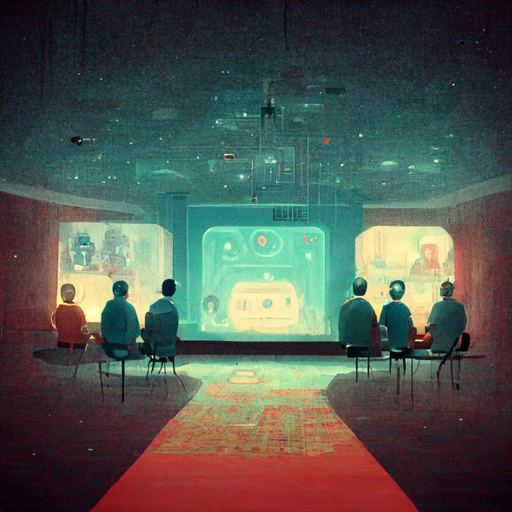 Kamer vol robots die tegen elkaar praten. Afbeelding gegenereerd met Midjourney. 