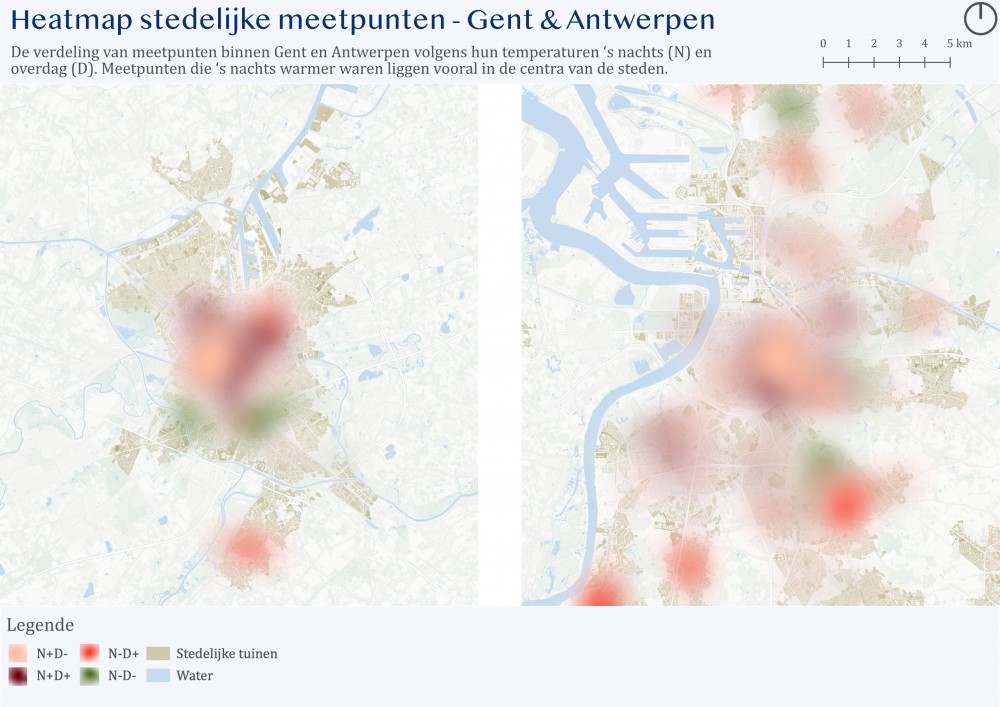 Kaart met de 'temperatuurprestaties' van de meetpunten in Gent en Antwerpen. Met vooral warme tuinen 's nachts in de centra van beide steden.
