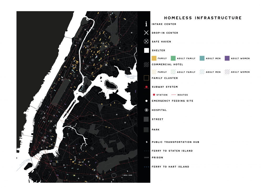 Kaart die alle opvangmogelijkheden in New York City aanduidt in 2020.