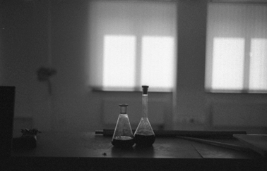 A dimly lit room in which two beakers are presented on a table. Light is shining through a window in the background.