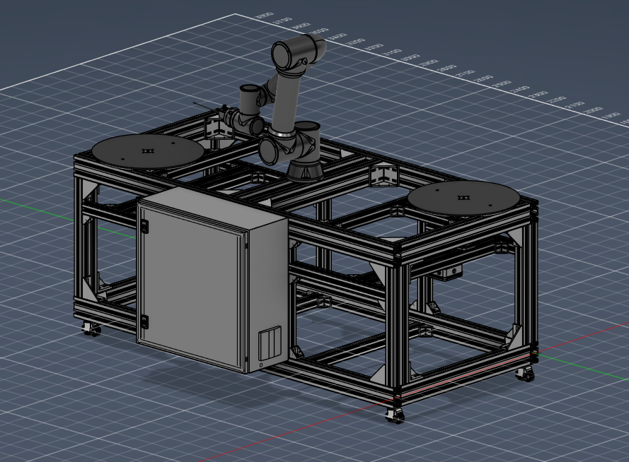 Het 3D-ontwerp van de installatie: een verrijdbare wagen met de cobot in het midden en een draaitafel aan weerszijden.