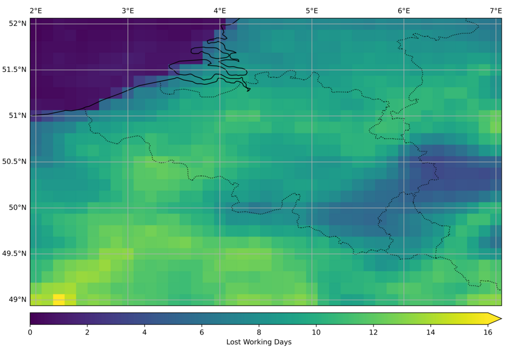 Kaart die verloren werkdagen tijdens 2059 visualiseert voor België.