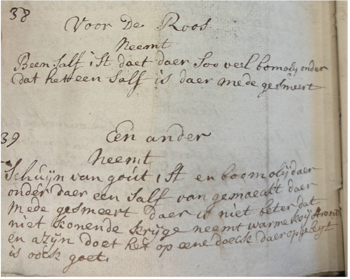 2 achttiende-eeuwse recepten tegen roos uit Kleijne huijs appoteeck, 31v.