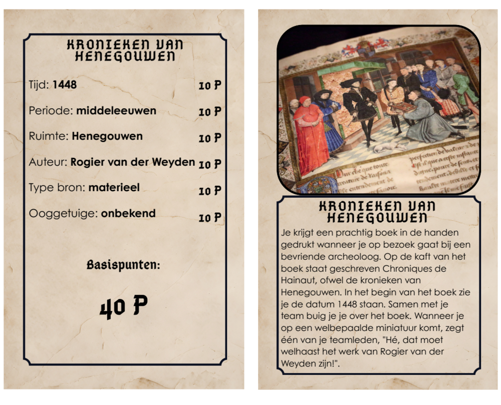 Een antwoordkaart en vondstkaart uit het spel 'Reis door de Geschiedenis'.