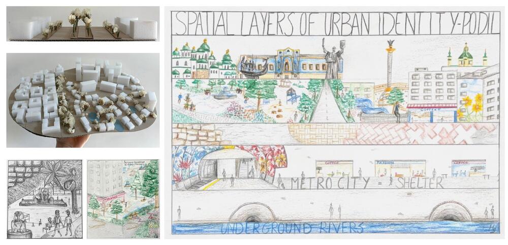 Links: Selectie van maquettes en collages doorheen het proces, gemaakt op basis van de participanten hun herinneringen. Rechts: Samenvattende collage met de belangrijkste lagen van de stad op basis van de participanten hun herinneringen.