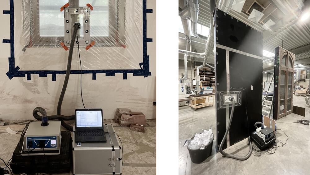 Testopstelling op de werf (links) en in het atelier (rechts)