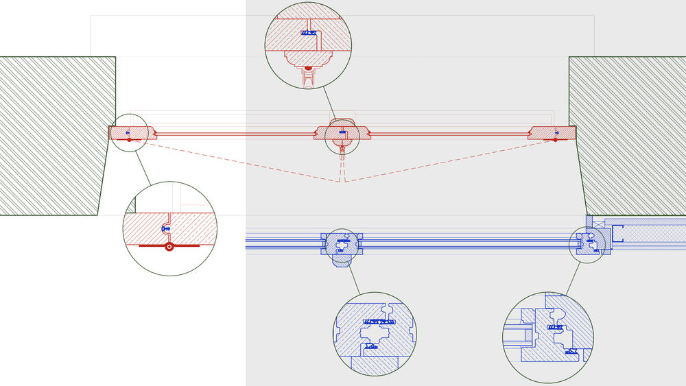 Principe van restauratie (rood) dat soms wordt toegepast met gebruik van het blauw getekende achterzetraam (rechts) en soms zonder (links)