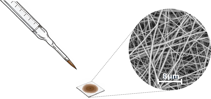 Illustratie met focus op de impregnatie van het membraan en microscopische structuur. Linksboven is een pipet te zien die een kleine hoeveelheid vloeistof heeft aangebracht op een vierkantig membraanstuk met nu een ronde, donkerbruine vlek in het midden. Vanuit dit membraanstaal loopt een stippellijn naar een sterk vergrote, cirkelvormige scanning-elektronenmicroscopie-afbeelding rechts. In deze vergroting is een dicht netwerk van zeer dunne, witte vezels zichtbaar die elkaar kriskras overlappen tegen een grijze achtergrond. Onderaan de vergroting staat een schaalbalk met de aanduiding “8 µm”, wat aangeeft dat de afgebeelde vezels zich op nanometerschaal bevinden.