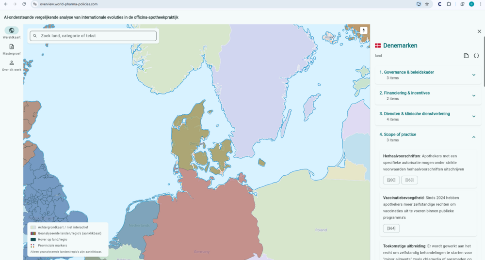 Schermafbeelding van het interactieve landenoverzicht, met Denemarken geselecteerd en informatie over de bevoegdheden van apothekers.