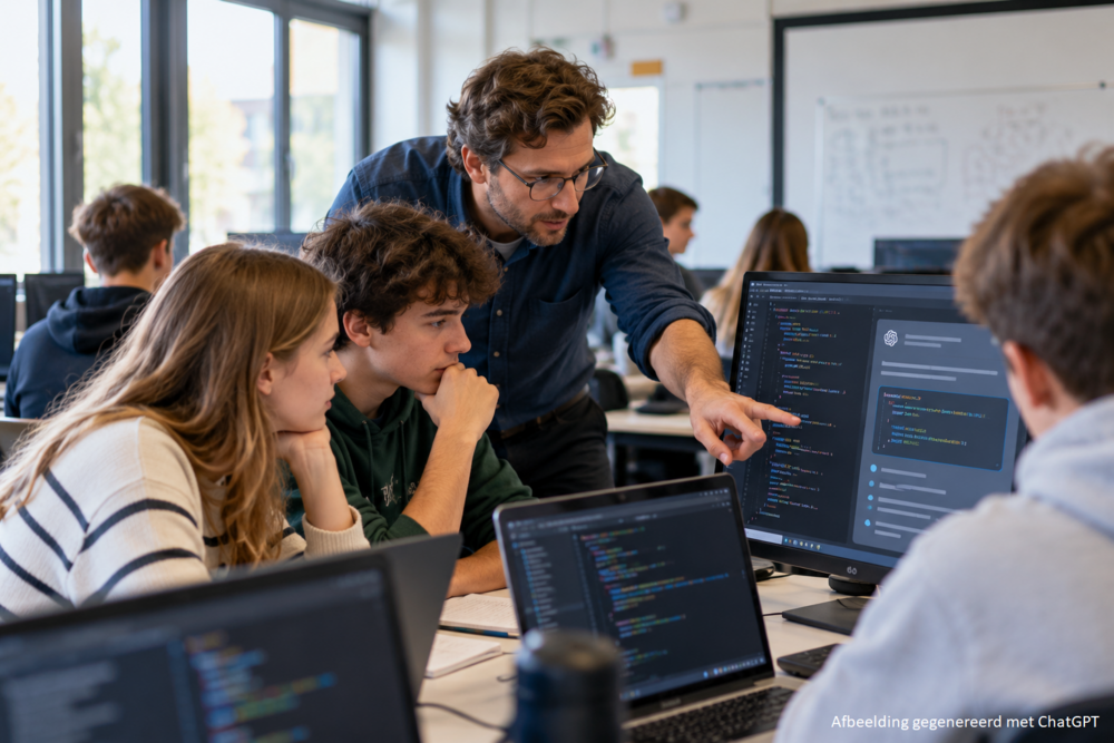 Lesgever begeleidt leerlingen bij het programmeren op laptops in een modern computerlokaal.